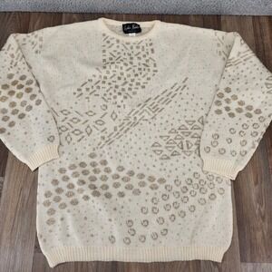Leslie Knits Italy Medium‎ Sweater Wool Blend Metallic Accents Geometric Pattern